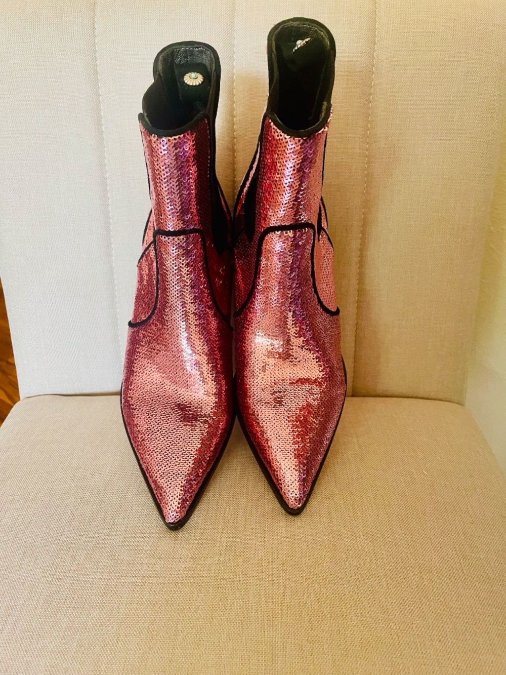Paige Hot Pink Sequin Chelsea Ankle Bootie | Pointed Toe Block Heel Gem Detail 6